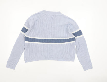 MNG Women Blue Striped V-Neck Cotton Knit Jumper Size M
