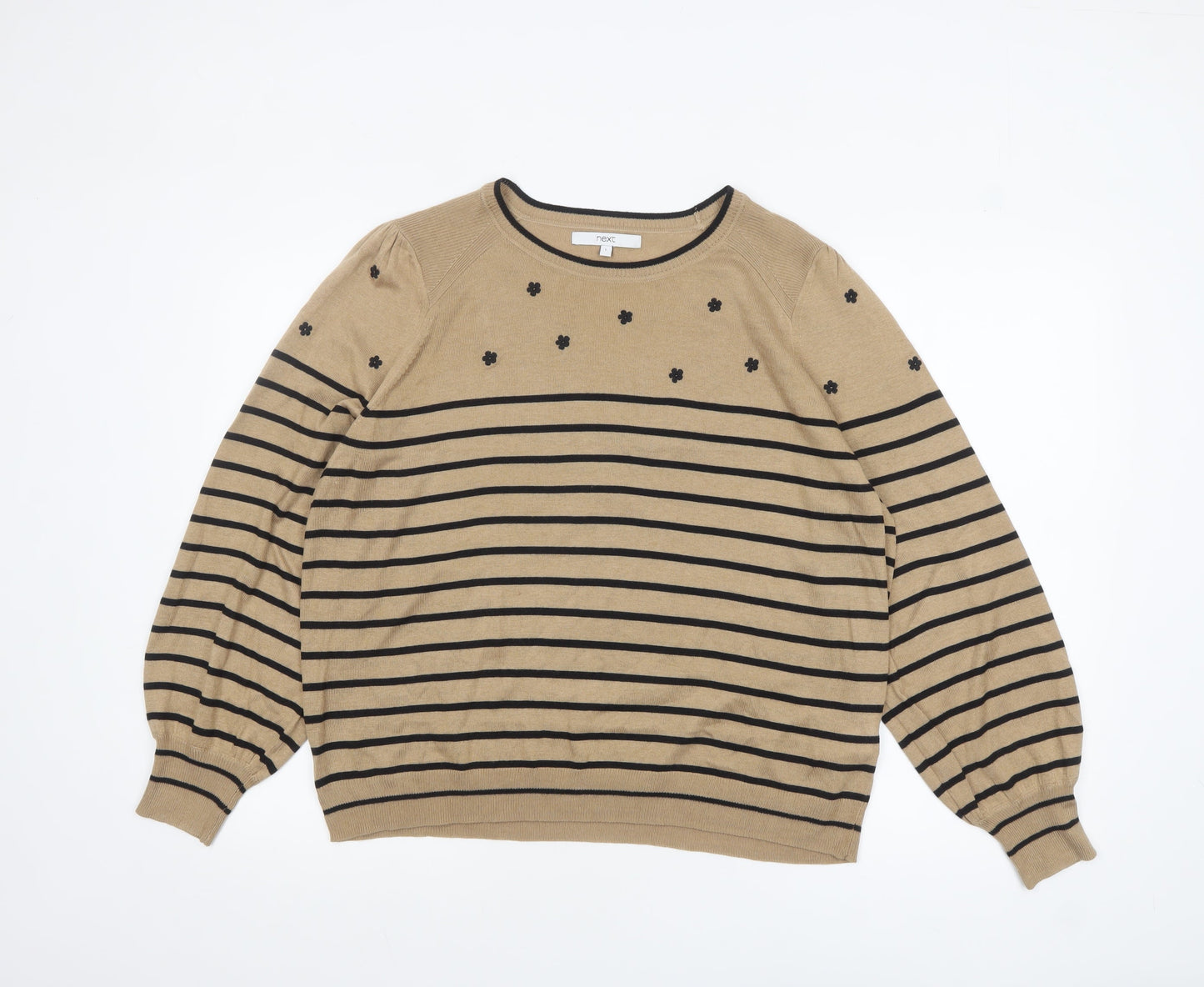 Next Womens Beige Black Striped Jumper L Long Sleeve Crew Neck