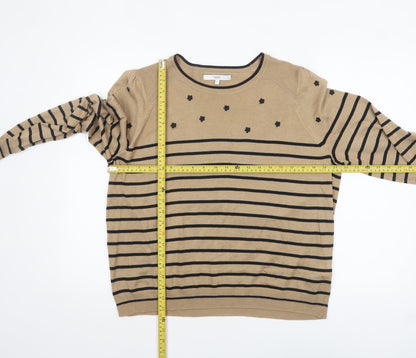 Next Womens Beige Black Striped Jumper L Long Sleeve Crew Neck