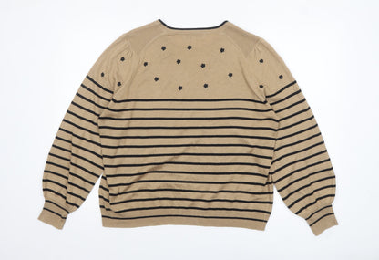 Next Womens Beige Black Striped Jumper L Long Sleeve Crew Neck
