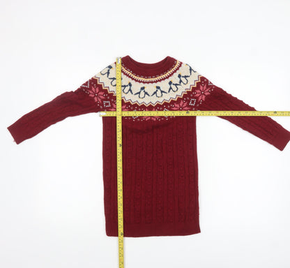FatFace Girls Red Penguin Fair Isle Knit Jumper Dress Size 6-7 Years Winter