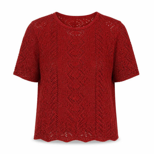 Berkertex Women Red Crochet Knit Short Sleeve Blouse Size 14