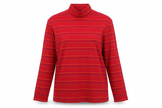 Lands' End Women's Red Striped Roll Neck Cotton Long Sleeve Top M