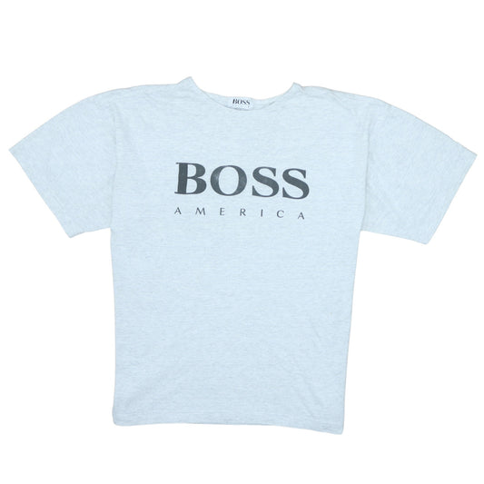 Vintage BOSS America Men's Grey Logo T-Shirt Size L Cotton