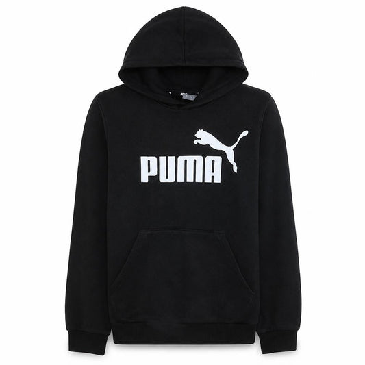 Front view of Puma men’s black hoodie 14y teens pullover cotton graphic print