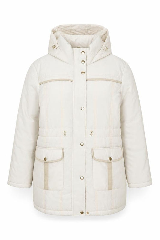 Front view of Gabriella Vicenza Women’s Ivory Puffer Coat, size UK 14, Hooded Winter Long Jacket