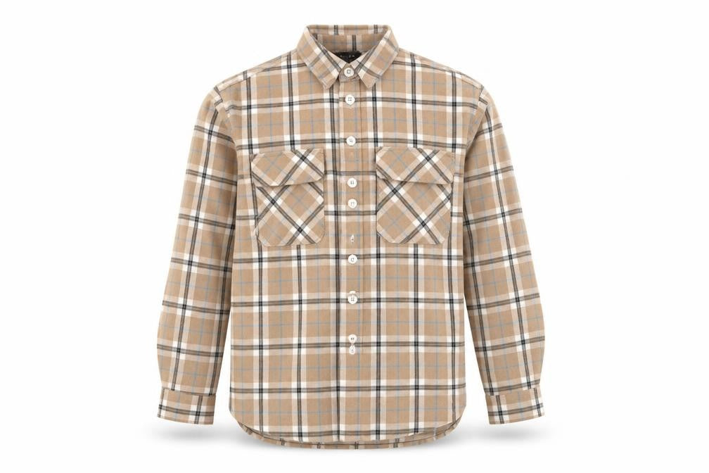 Front view of New Look Beige Check Flannel Button-Up Shirt, size 14, unisex