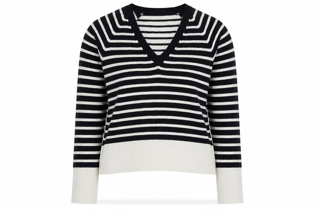 The White Company Women Black White Striped V-Neck Jumper Size 12