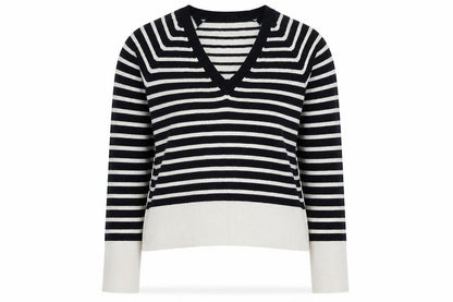 The White Company Women Black White Striped V-Neck Jumper Size 12