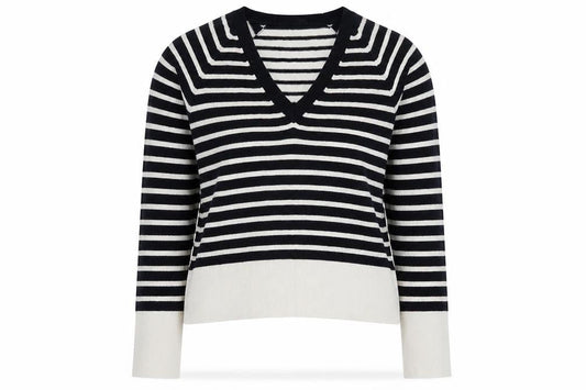 The White Company Women Black White Striped V-Neck Jumper Size 12