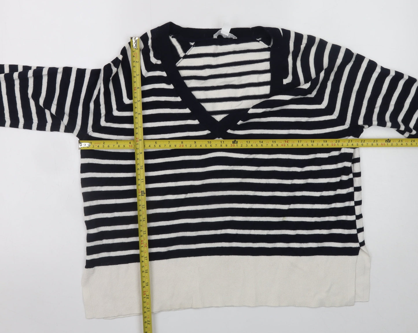 The White Company Women Black White Striped V-Neck Jumper Size 12