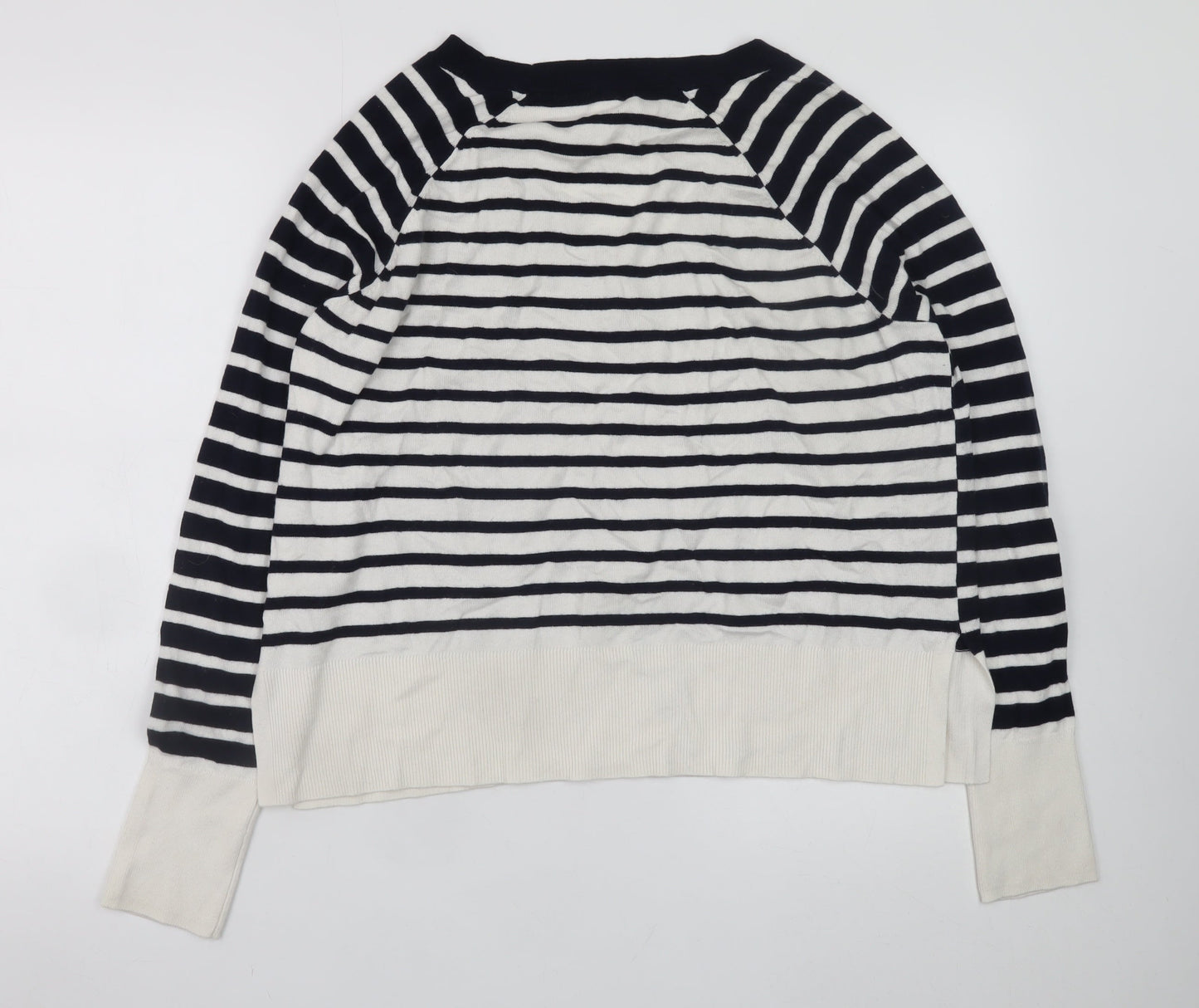 The White Company Women Black White Striped V-Neck Jumper Size 12