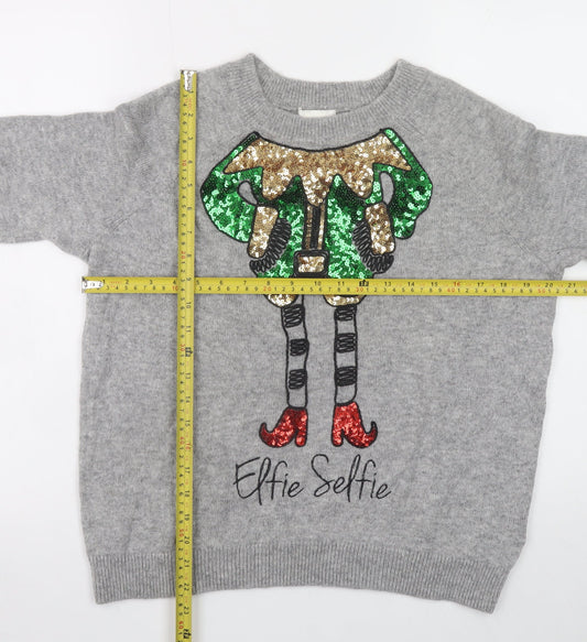 H&M Women’s Grey Elfie Selfie Sequin Christmas Jumper Size 12