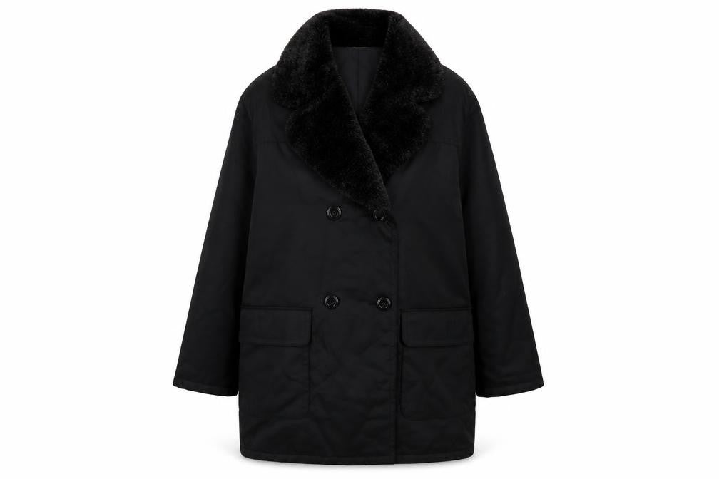 Marks & Spencer Women Black Faux Fur Collar Mid-Length Coat UK 12