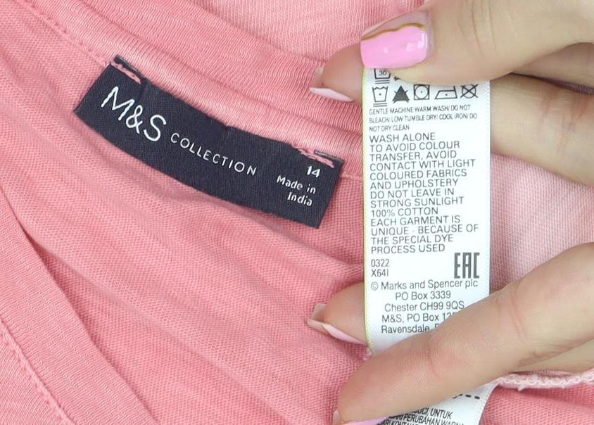 Marks and Spencer Women's Pink Long Sleeve Cotton Crew Neck T-Shirt Size 14