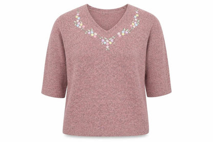 Damart Women’s Pink Embroidered V-Neck 3/4 Sleeve Knit Jumper XL