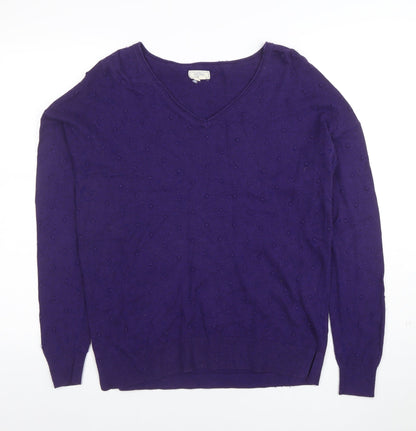 Fat Face Women's Purple V-Neck Cotton Wool Knit Jumper Size 10