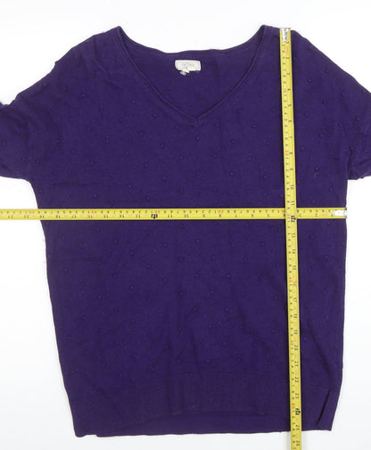 Fat Face Women's Purple V-Neck Cotton Wool Knit Jumper Size 10