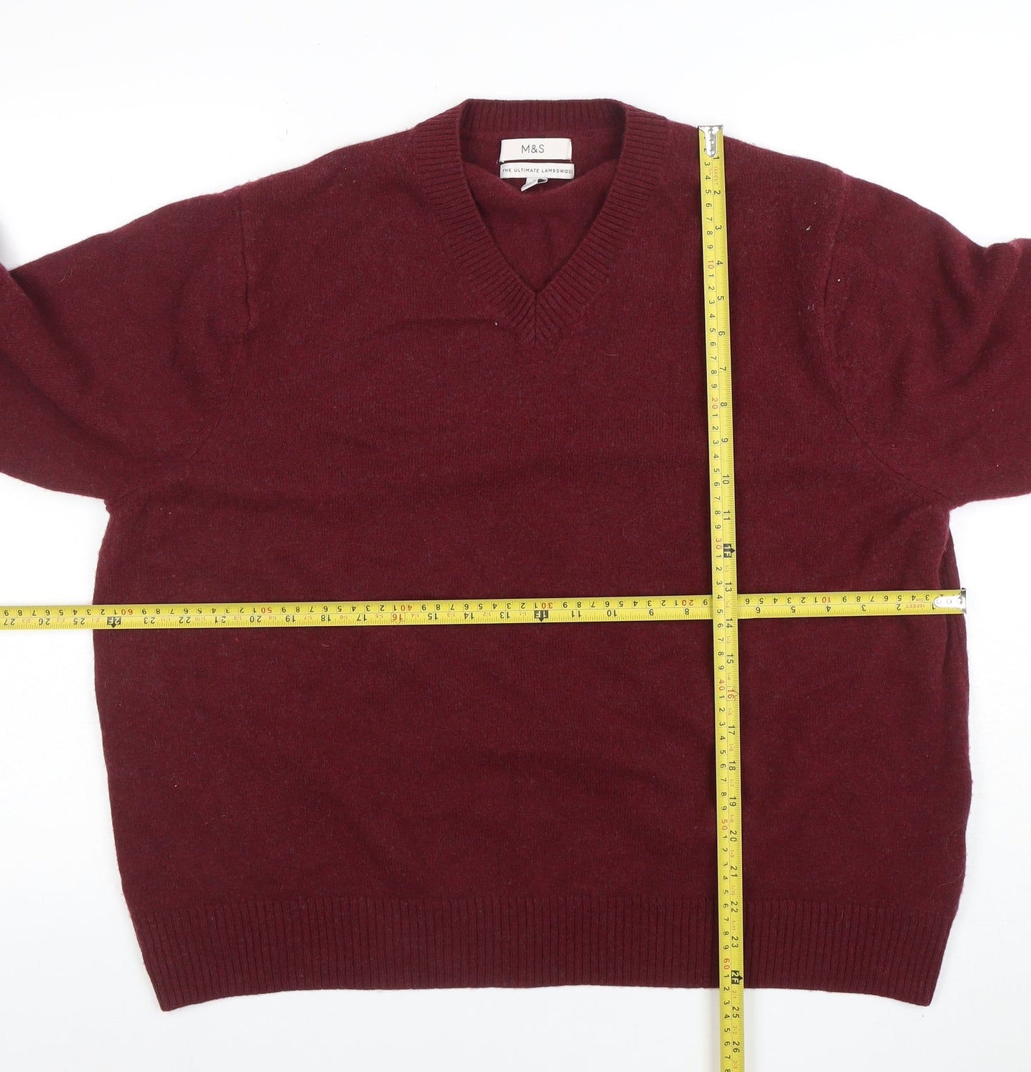 Marks and Spencer Men's Red 2XL V-Neck Wool Pullover Jumper