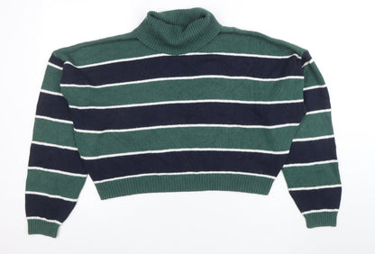 Hollister Women’s Green Striped Roll Neck Knit Jumper XL