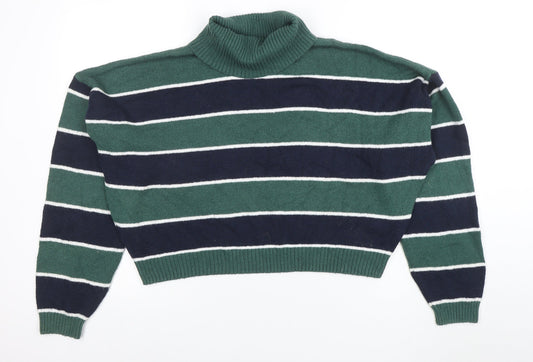 Hollister Women’s Green Striped Roll Neck Knit Jumper XL