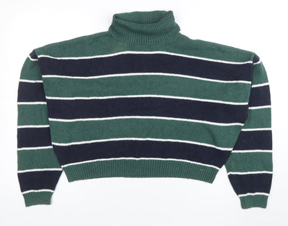Hollister Women’s Green Striped Roll Neck Knit Jumper XL