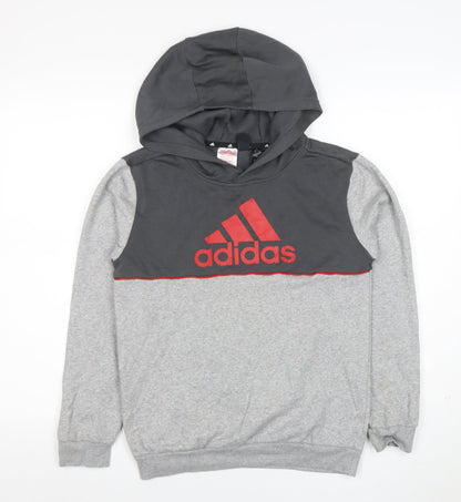 Adidas Boys Grey & Charcoal Pullover Hoodie 11-12 Years Logo Print