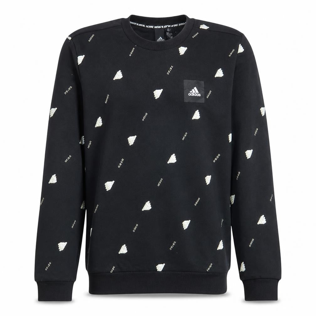 Front view of Adidas Men's Black Crew Neck Sweatshirt, size L, Cotton Blend Graphic Print