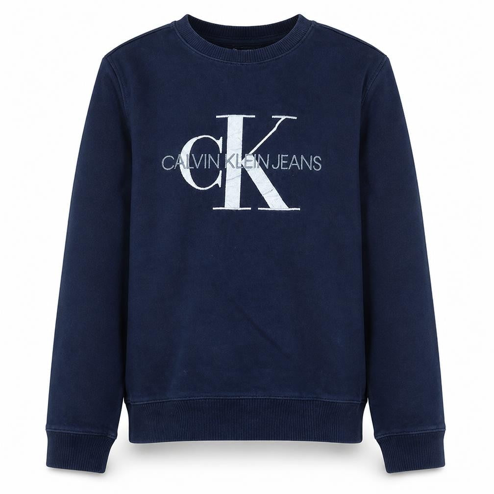 Front view of Calvin Klein Jeans boys’ navy blue logo crew neck sweatshirt, size 16