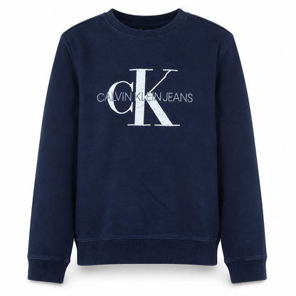 Front view of Calvin Klein Jeans boys’ navy blue logo crew neck sweatshirt, size 16