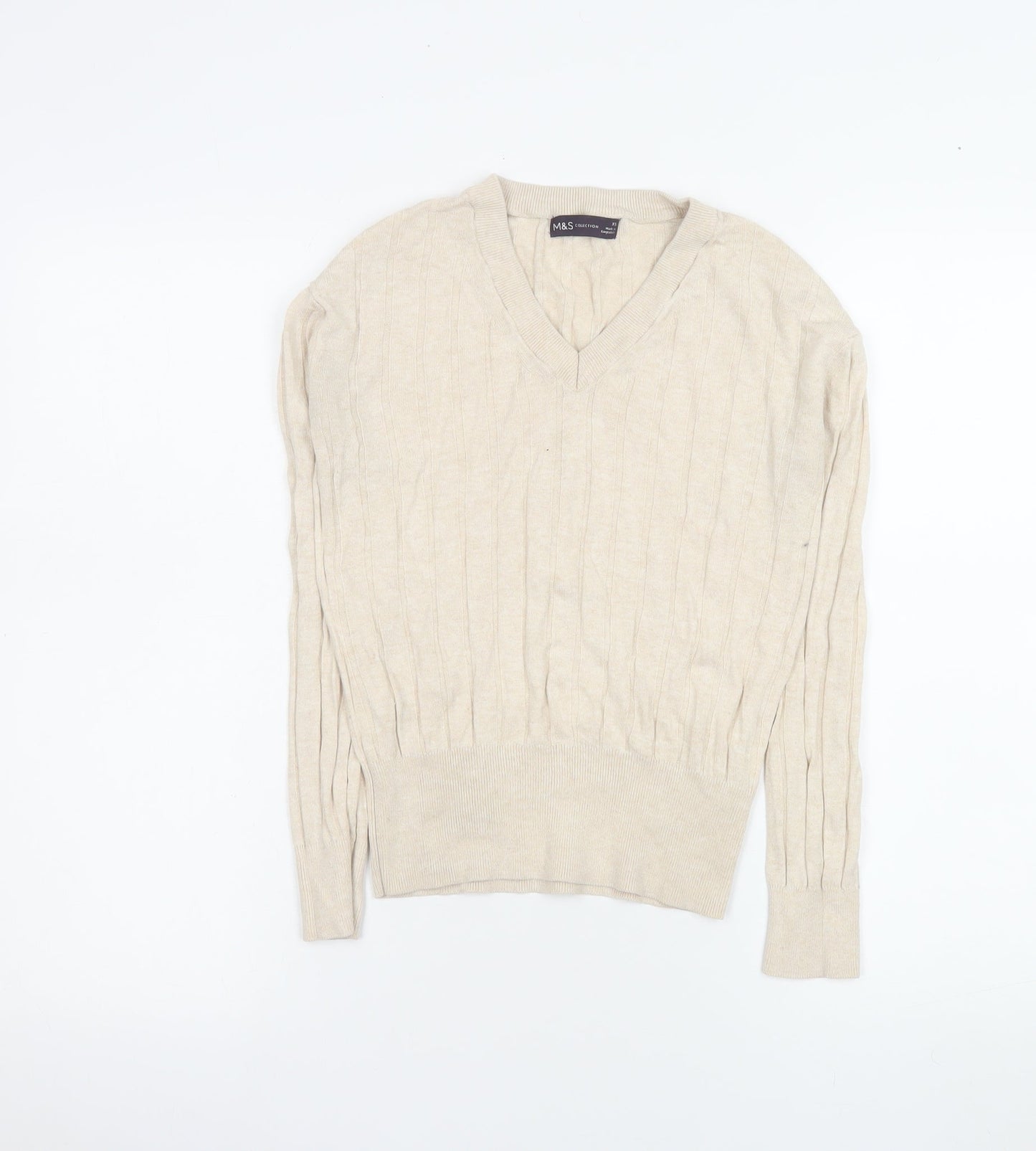 Marks and Spencer Womens Beige V-Neck Cable Knit Pullover Jumper XS