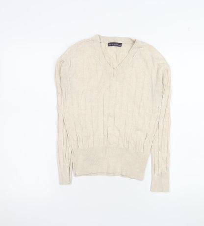 Marks and Spencer Womens Beige V-Neck Cable Knit Pullover Jumper XS