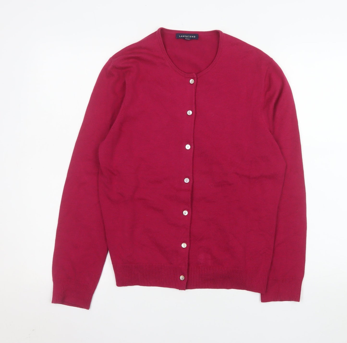 Lands' End Women's Red Cotton Knit Crew Neck Button Cardigan Size 10-12