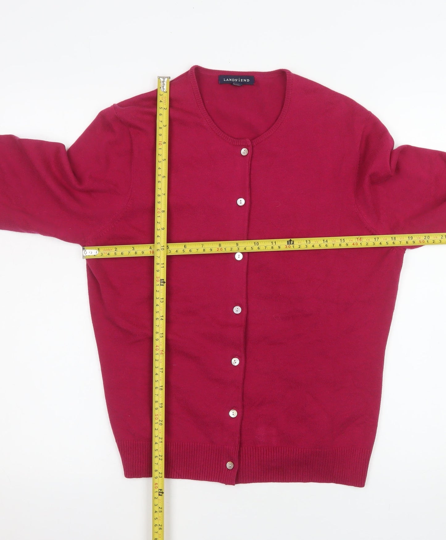Lands' End Women's Red Cotton Knit Crew Neck Button Cardigan Size 10-12