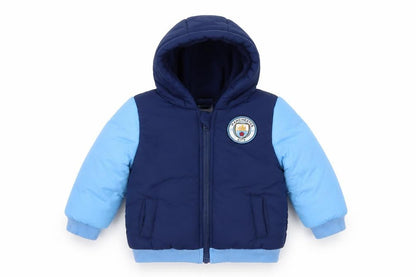 Front view of Manchester City unisex baby blue puffer jacket 6-9 months nylon winter coat