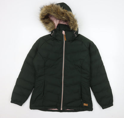 Trespass Women's Green Fur Trim Waterproof Puffer Jacket Size 10