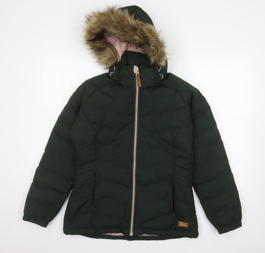 Trespass Women's Green Fur Trim Waterproof Puffer Jacket Size 10