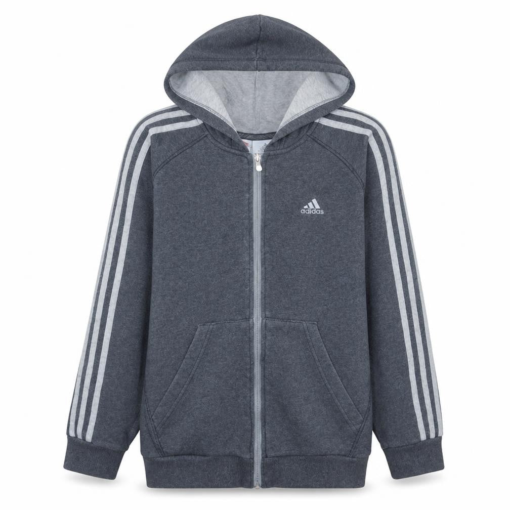 Front view of Adidas boys’ grey full zip hoodie 152cm fleece sports sweatshirt