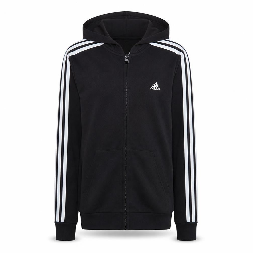 Front view of Adidas women’s black full zip hoodie, size UK 12-14, m sportswear