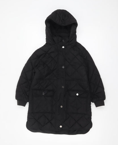 Next Girls Black Quilted Long Hooded Coat 7 Years Winter Jacket