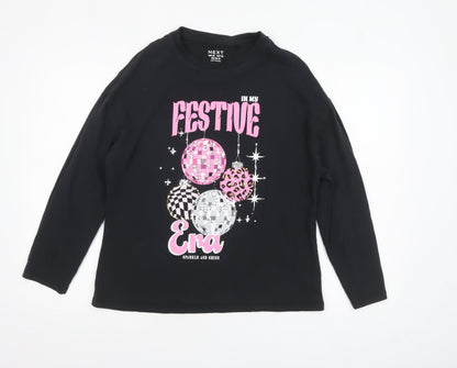 Next Girls Black Festive Era Long Sleeve Cotton T-Shirt - Size 13 Years