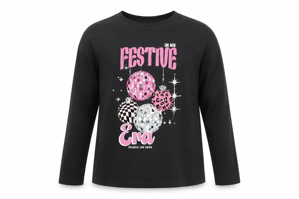 Front view of Next girls’ black festive era long sleeve cotton t-shirt -, size 13, years