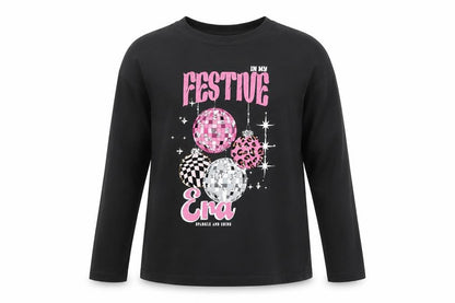Front view of Next girls’ black festive era long sleeve cotton t-shirt -, size 13, years