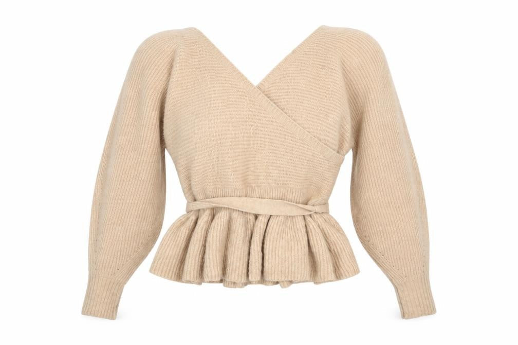 Front view of ASOS Design Women Beige Wrap Jumper UK 10 Belted Long Sleeve Knit