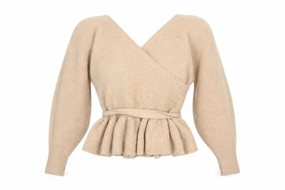 Front view of ASOS Design Women Beige Wrap Jumper UK 10 Belted Long Sleeve Knit