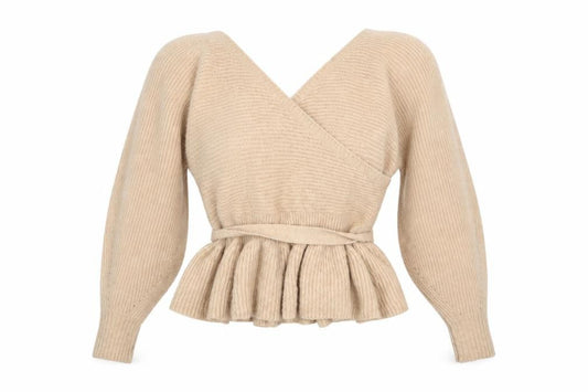 Front view of ASOS Design Women Beige Wrap Jumper UK 10 Belted Long Sleeve Knit