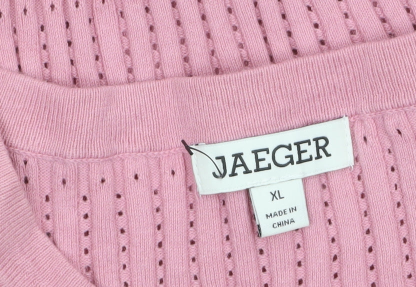 Jaeger Women Pink XL Open-Knit Cotton Crew Neck Jumper