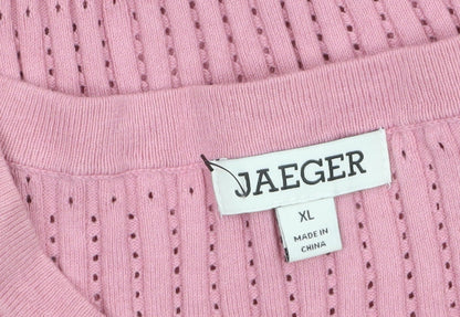Jaeger Women Pink XL Open-Knit Cotton Crew Neck Jumper