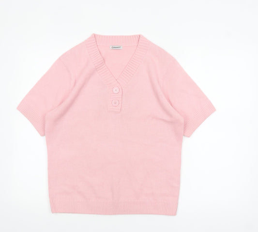 Damart Women Pink M Henley V-Neck Short Sleeve Acrylic Jumper