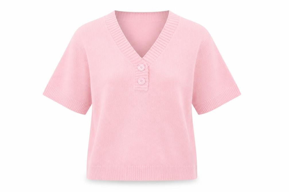 Damart Women Pink M Henley V-Neck Short Sleeve Acrylic Jumper